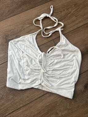 I.AM.GIA White Ruched Halter Top with Tie Neck